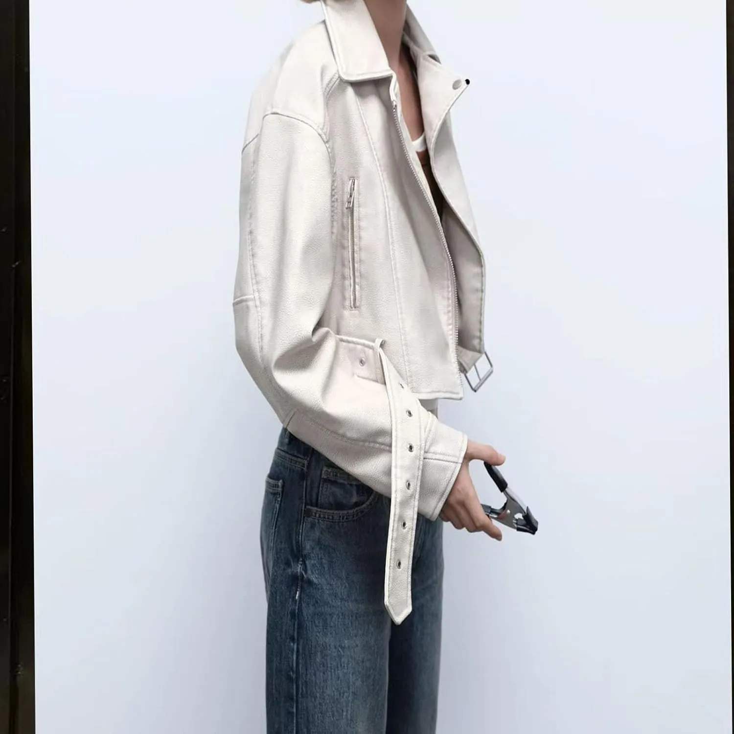 Faux leather jacket womens motorcycle Coat Lapel Casual Zip Up Cropped jacket Moto Biker Outwear with Belt(White,Medium)