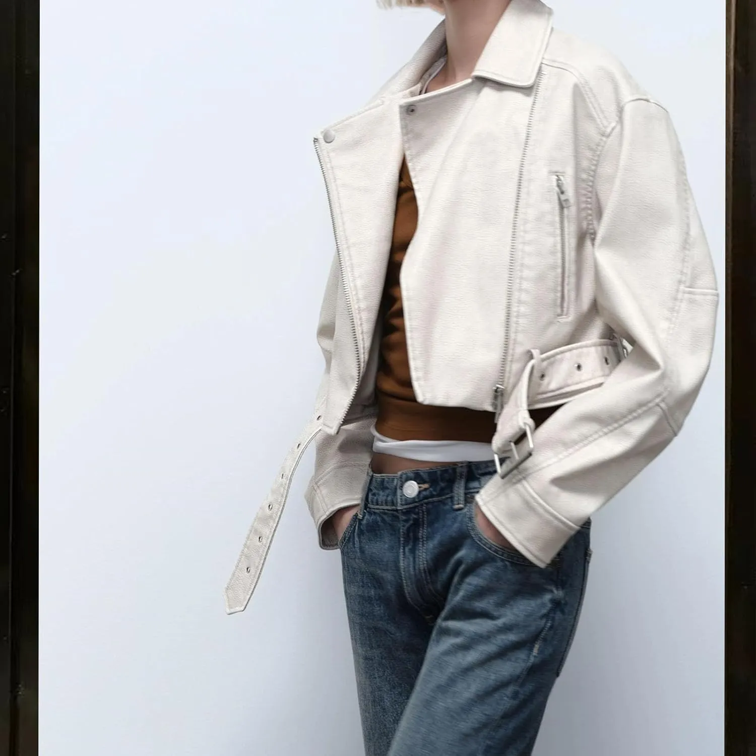 Faux leather jacket womens motorcycle Coat Lapel Casual Zip Up Cropped jacket Moto Biker Outwear with Belt(White,Medium)