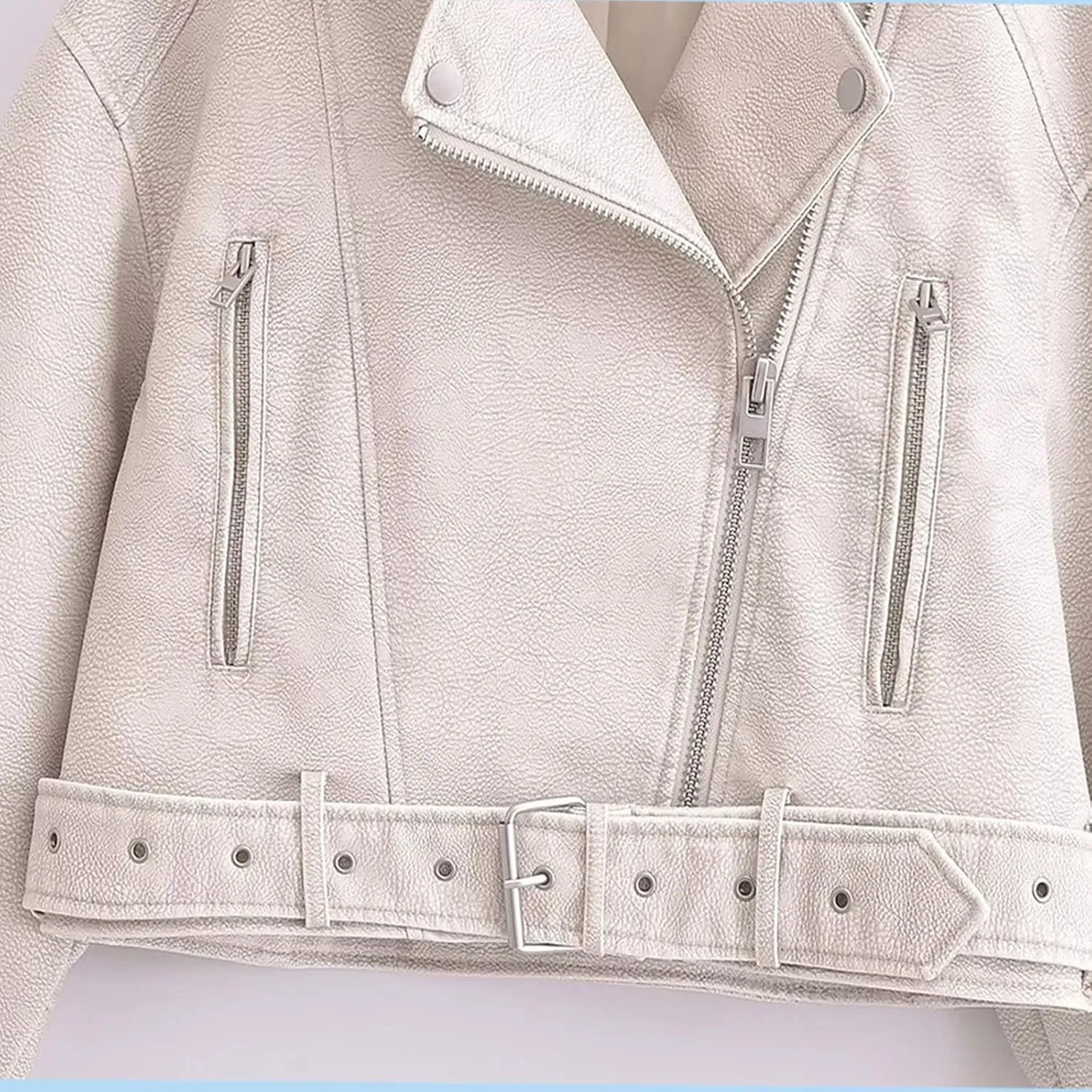 Faux leather jacket womens motorcycle Coat Lapel Casual Zip Up Cropped jacket Moto Biker Outwear with Belt(White,Medium)
