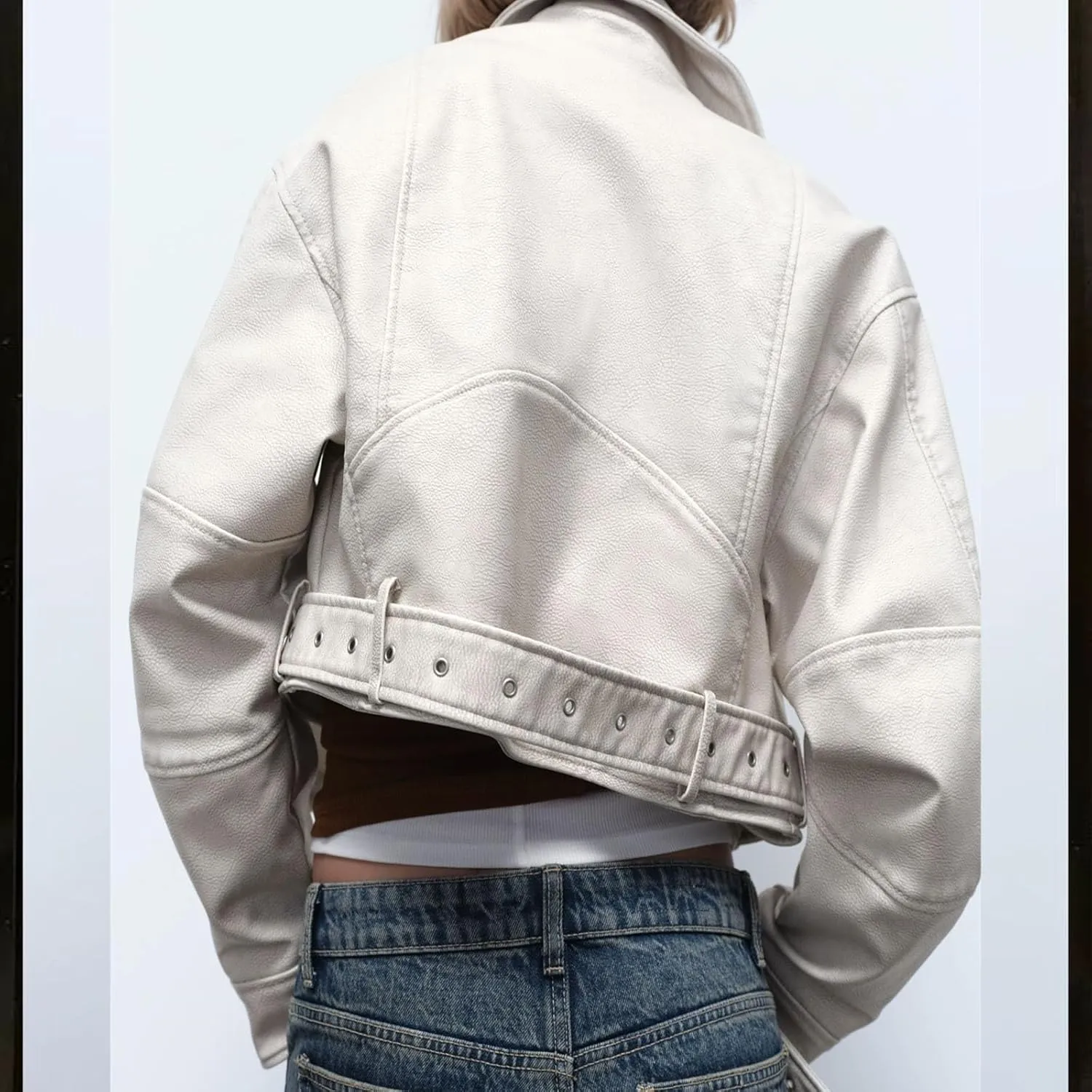 Faux leather jacket womens motorcycle Coat Lapel Casual Zip Up Cropped jacket Moto Biker Outwear with Belt(White,Medium)