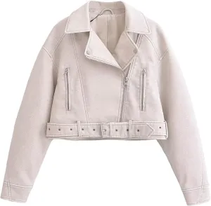 Faux leather jacket womens motorcycle Coat Lapel Casual Zip Up Cropped jacket Moto Biker Outwear with Belt(White,Medium)