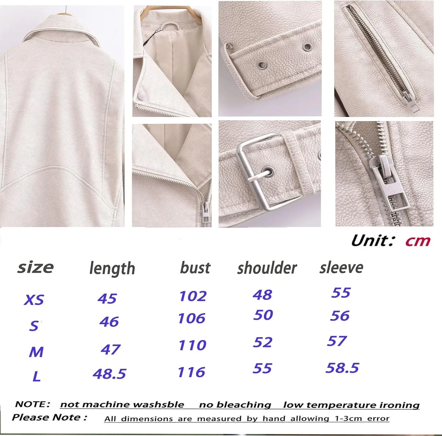 Faux leather jacket womens motorcycle Coat Lapel Casual Zip Up Cropped jacket Moto Biker Outwear with Belt(White,Medium)
