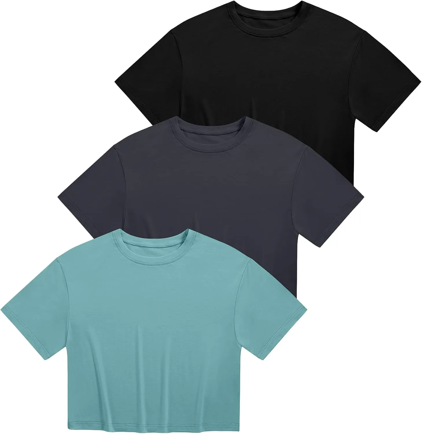 Ficerd 3 Pack Women Crop Tops Half Sleeve Cropped T Shirts Casual Crew Neck Drop Shoulder Loose Summer Solid Color