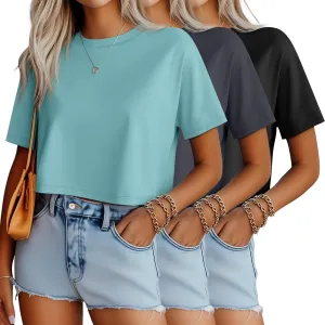 Ficerd 3 Pack Women Crop Tops Half Sleeve Cropped T Shirts Casual Crew Neck Drop Shoulder Loose Summer Solid Color