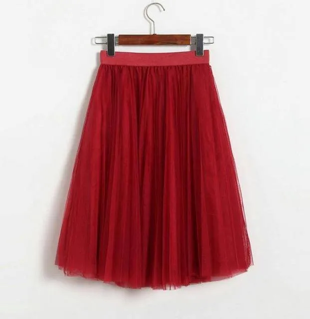 Fits 22" - 41" wasit - Three Layers, Tulle Elastic High waist Midi Skirt