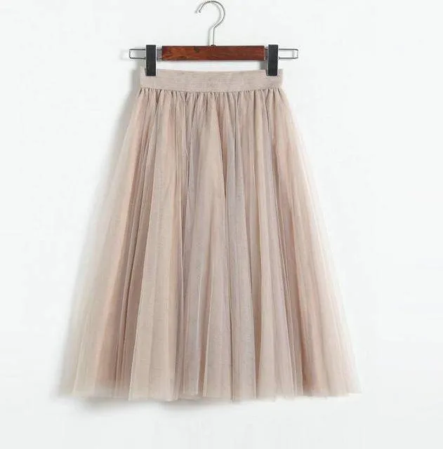 Fits 22" - 41" wasit - Three Layers, Tulle Elastic High waist Midi Skirt