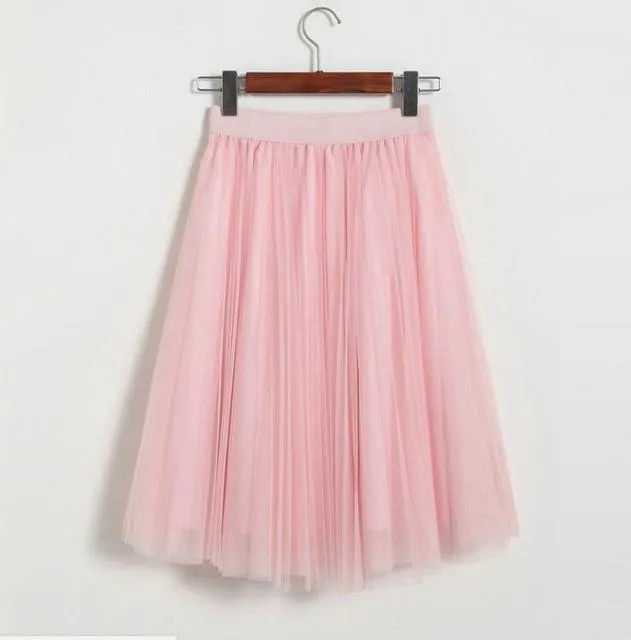 Fits 22" - 41" wasit - Three Layers, Tulle Elastic High waist Midi Skirt