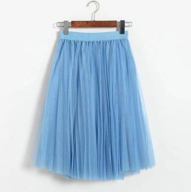 Fits 22" - 41" wasit - Three Layers, Tulle Elastic High waist Midi Skirt