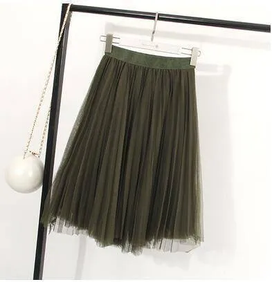 Fits 22" - 41" wasit - Three Layers, Tulle Elastic High waist Midi Skirt