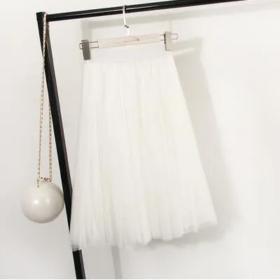 Fits 22" - 41" wasit - Three Layers, Tulle Elastic High waist Midi Skirt