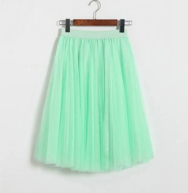 Fits 22" - 41" wasit - Three Layers, Tulle Elastic High waist Midi Skirt