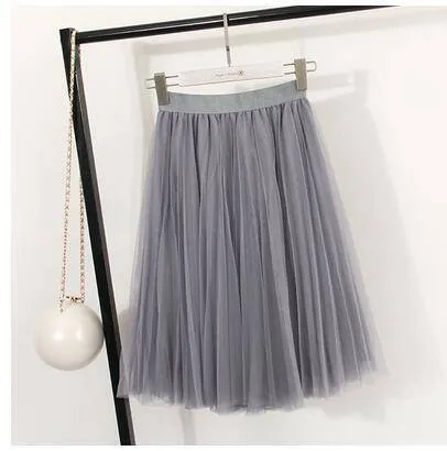 Fits 22" - 41" wasit - Three Layers, Tulle Elastic High waist Midi Skirt