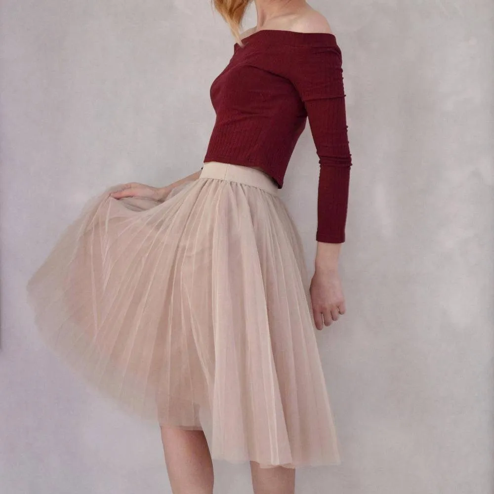 Fits 22" - 41" wasit - Three Layers, Tulle Elastic High waist Midi Skirt