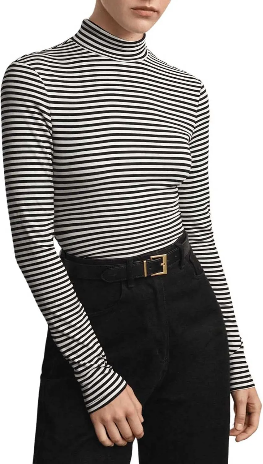 Floerns Women's Mock Turtleneck Long Sleeve Slim Fit Stretch Striped T-Shirts Tunic Tops Fall Fashion Trendy Outfits Clothes