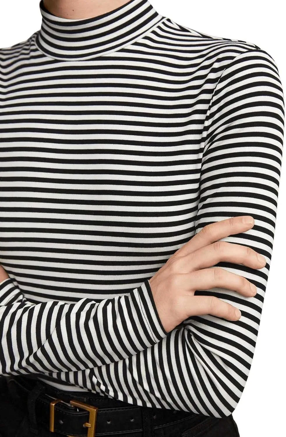 Floerns Women's Mock Turtleneck Long Sleeve Slim Fit Stretch Striped T-Shirts Tunic Tops Fall Fashion Trendy Outfits Clothes