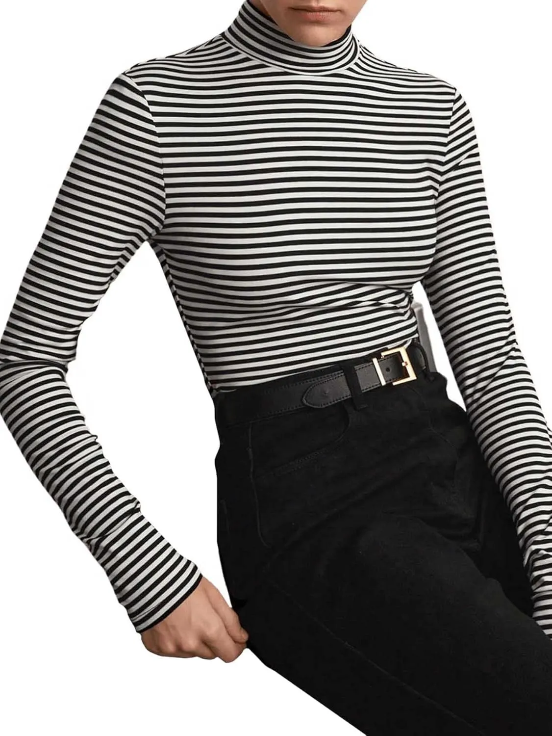 Floerns Women's Mock Turtleneck Long Sleeve Slim Fit Stretch Striped T-Shirts Tunic Tops Fall Fashion Trendy Outfits Clothes