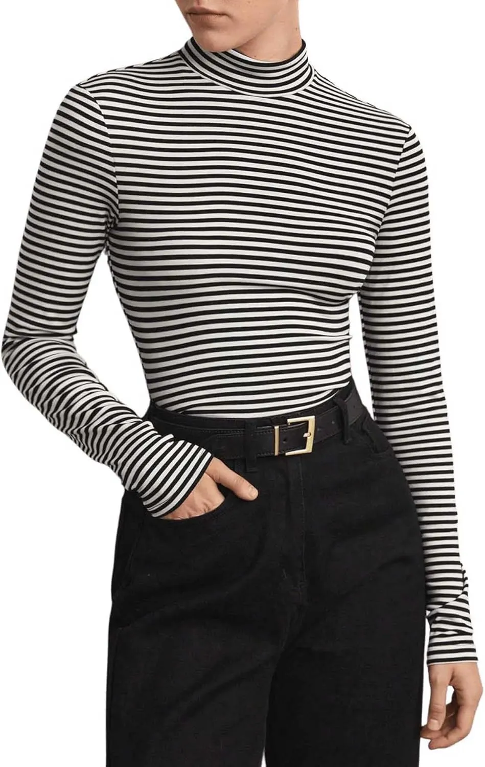 Floerns Women's Mock Turtleneck Long Sleeve Slim Fit Stretch Striped T-Shirts Tunic Tops Fall Fashion Trendy Outfits Clothes