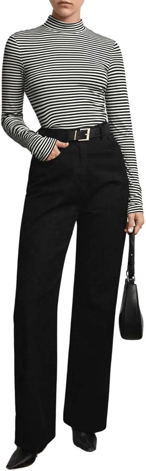 Floerns Women's Mock Turtleneck Long Sleeve Slim Fit Stretch Striped T-Shirts Tunic Tops Fall Fashion Trendy Outfits Clothes