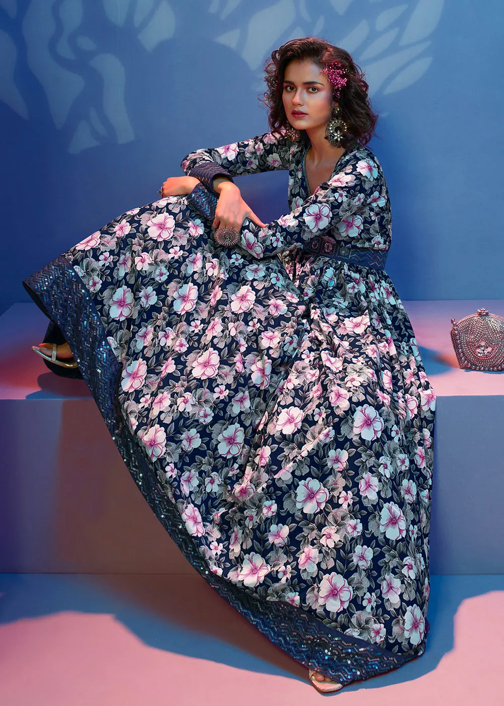 Floral Printed Glorious Blue Crepe Wedding Festive Party Gown