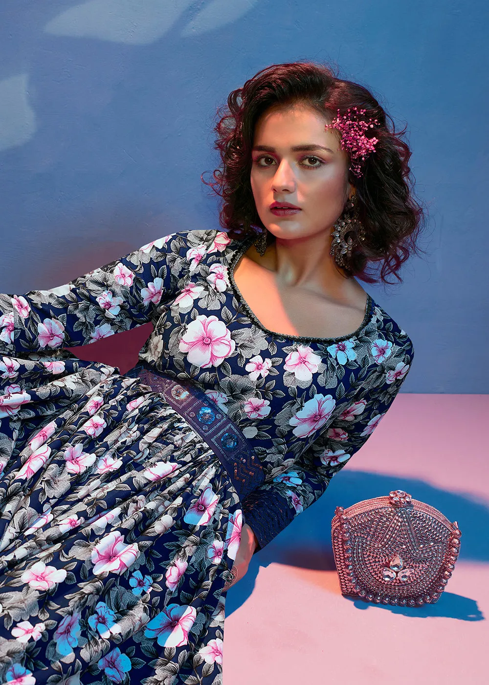 Floral Printed Glorious Blue Crepe Wedding Festive Party Gown