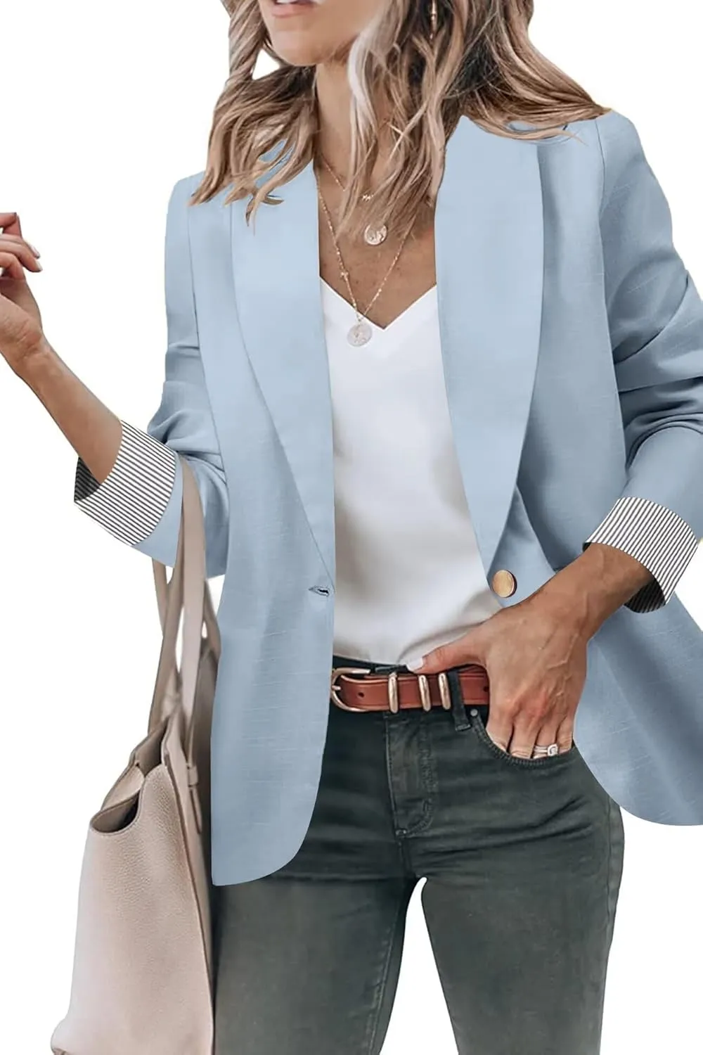 Genhoo Womens Casual Blazers Open Front Long Sleeve Lapel Collar Work Office Jacket Suit Light Blue M