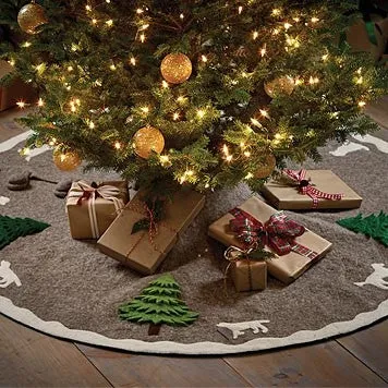Handmade Christmas Tree Skirt in Hand Felted Wool - Dogs with Trees on Gray- 72"