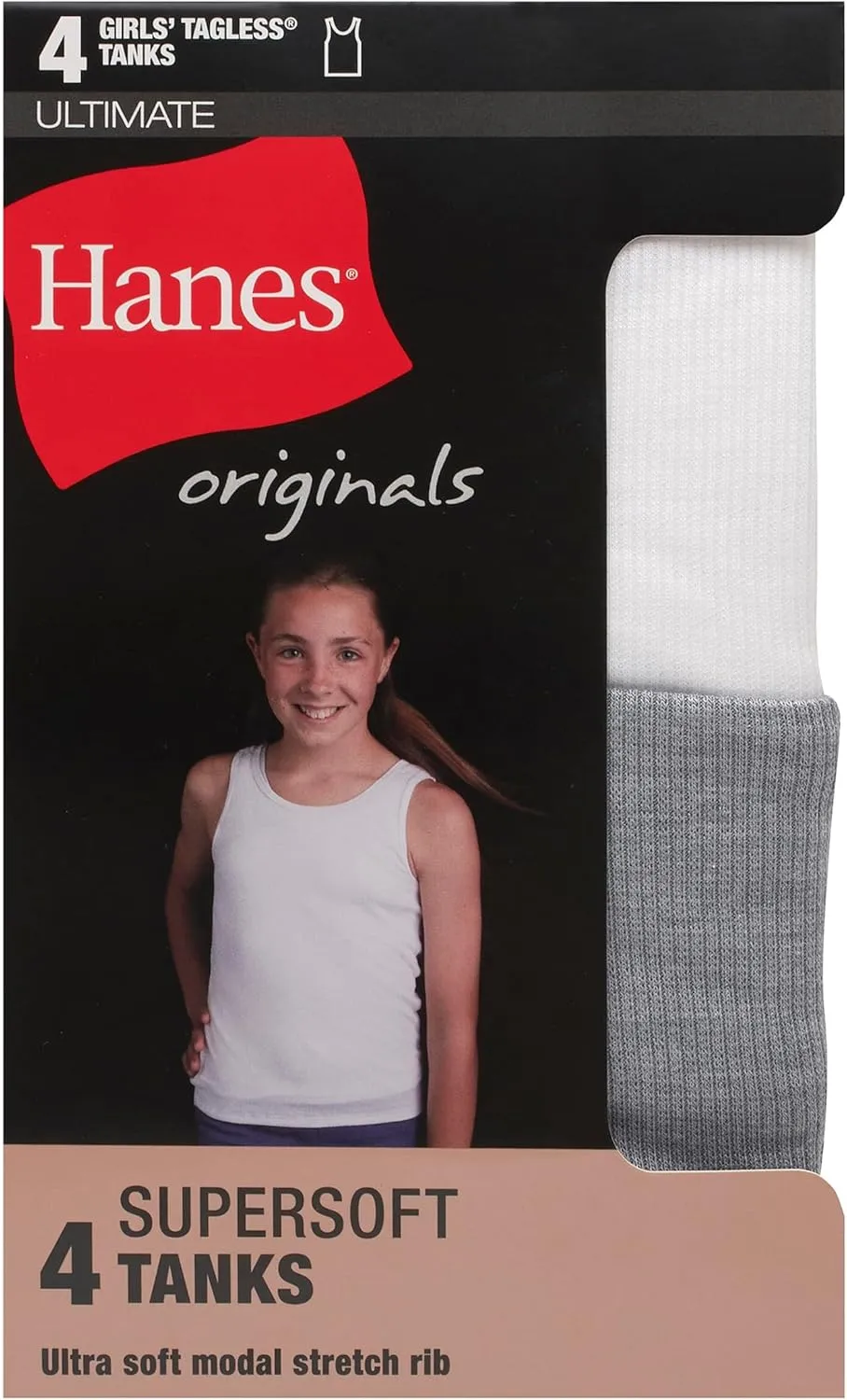 Hanes Girls' Originals Tank Pack, Supersoft Tank Top For Girls', Modal Stretch Rib Tanks, 4-Pack