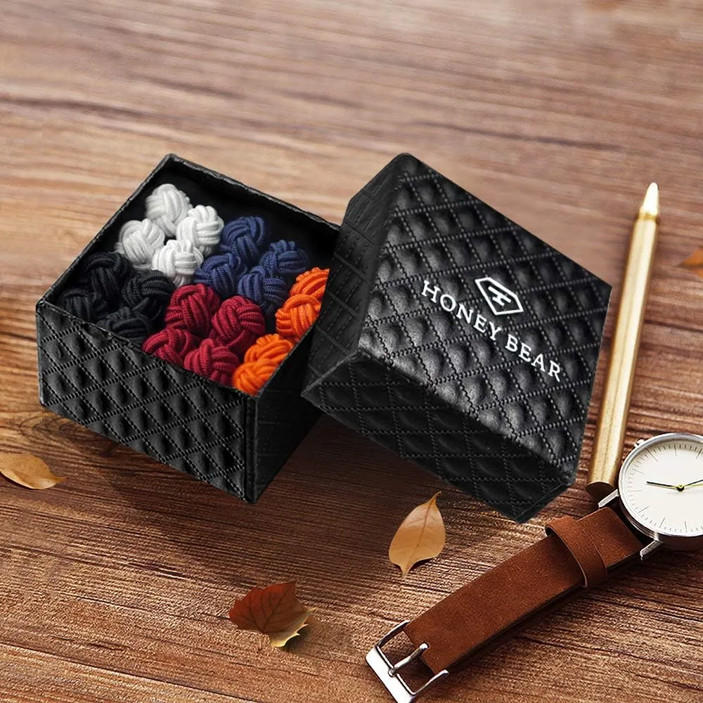 HONEY BEAR Silk Knot Cufflinks Elastic Fabric 5 Pairs Set for Mens/Womens Shirt Accessories with Box