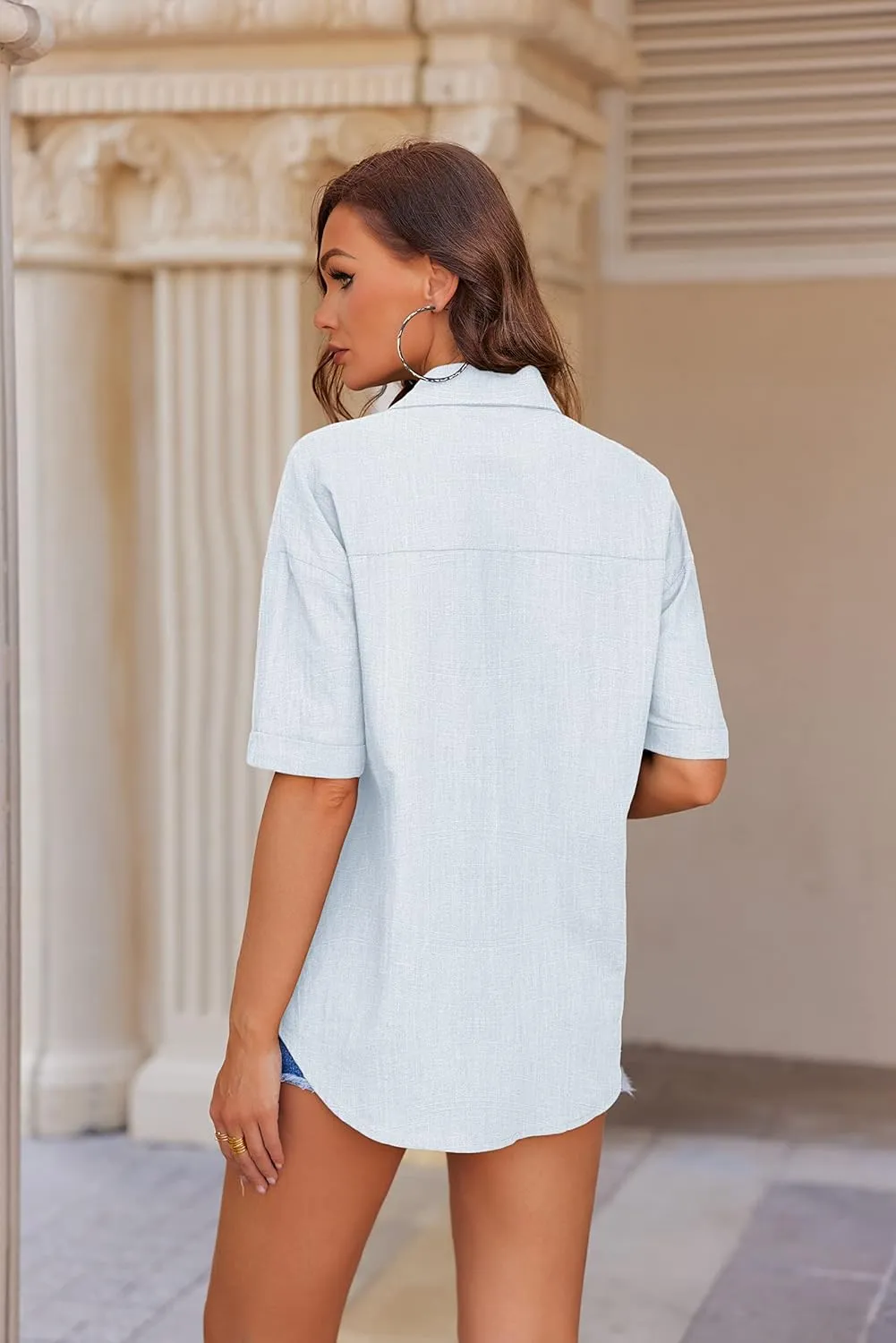 HOTOUCH Linen Shirts for Women Button Down Shirt Cotton Short Sleeve Collared Loose Fit Blouse Drop Shoulder Casual Tops