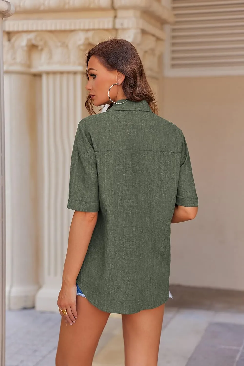 HOTOUCH Linen Shirts for Women Button Down Shirt Cotton Short Sleeve Collared Loose Fit Blouse Drop Shoulder Casual Tops