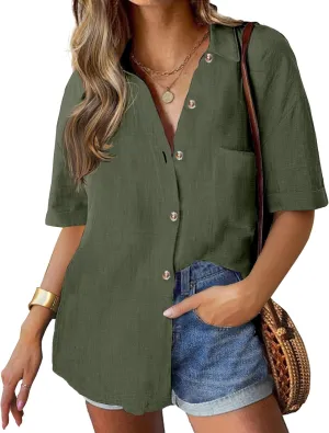 HOTOUCH Linen Shirts for Women Button Down Shirt Cotton Short Sleeve Collared Loose Fit Blouse Drop Shoulder Casual Tops
