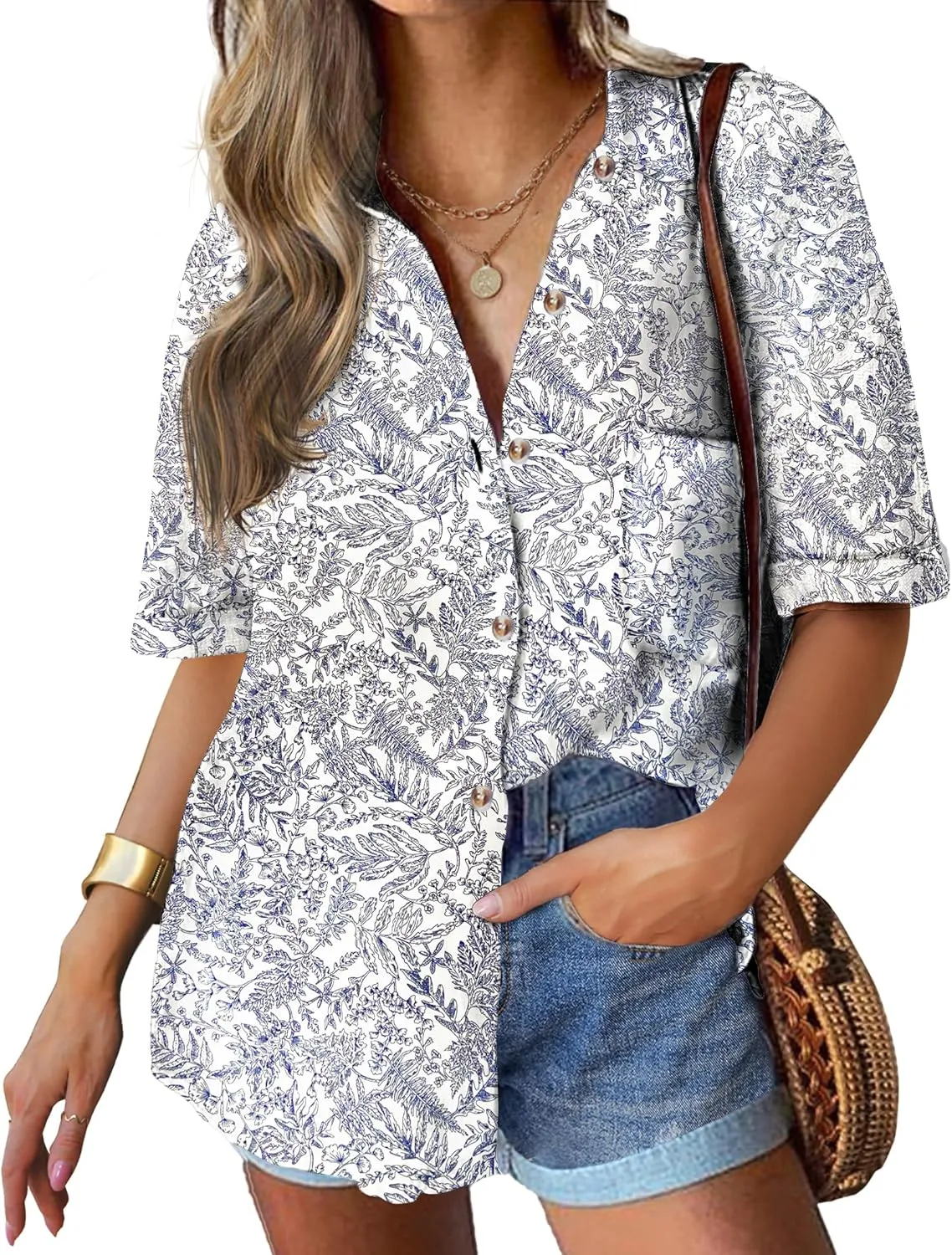 HOTOUCH Linen Shirts for Women Button Down Shirt Cotton Short Sleeve Collared Loose Fit Blouse Drop Shoulder Casual Tops