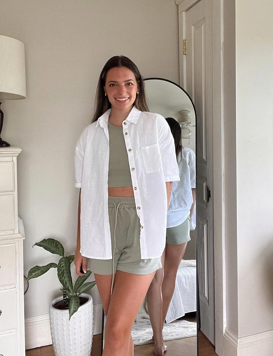 HOTOUCH Linen Shirts for Women Button Down Shirt Cotton Short Sleeve Collared Loose Fit Blouse Drop Shoulder Casual Tops