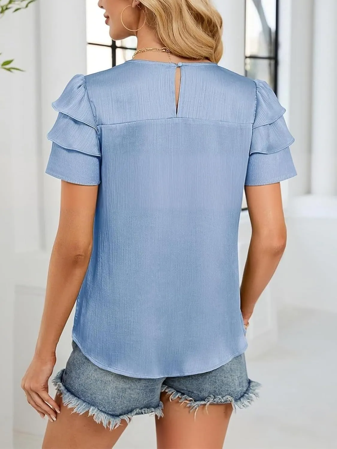 IDEALSANXUN Ruffle Sleeve Tops for Women Cute Summer Satin Short Sleeve Blouses Shirts Loose Dressy Casual Tunic Top