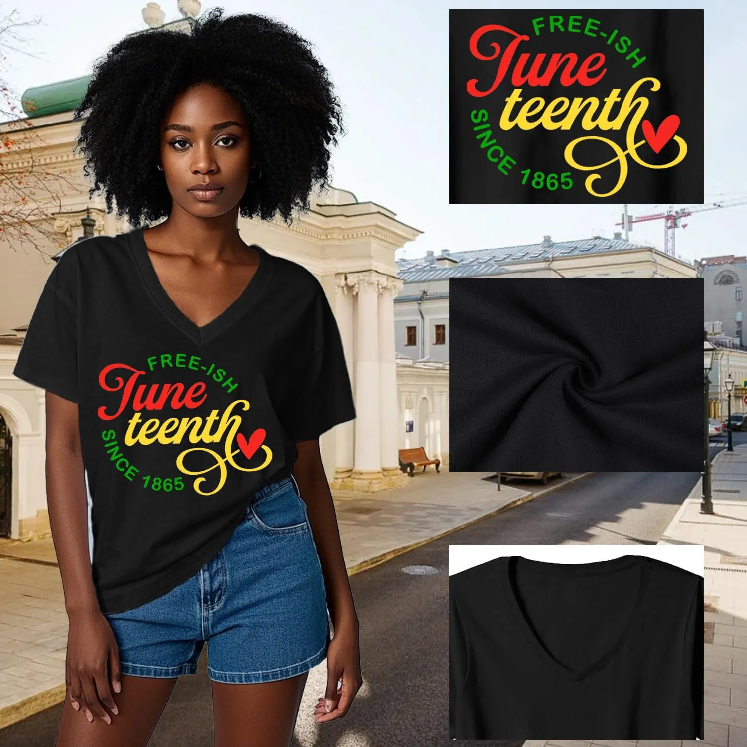 Juneteenth Shirts Women Black Pride V-Neck Tshirt 1865 African American Freedom Tee Tops