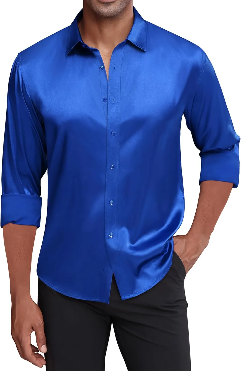 J.VER Men's Silk Satin Long Sleeve Dress Shirts Shiny Casual Button Down Shirt Luxury Party Prom Shirts
