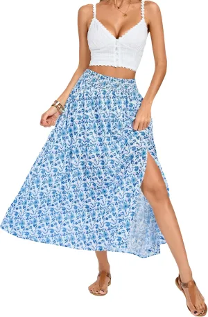 Kate Kasin Plus Size Flowy A Line Tummy Control Skirts Summer Boho Floral Beach Skirt Maxi Blue Skirt High Waisted 2025 2XL