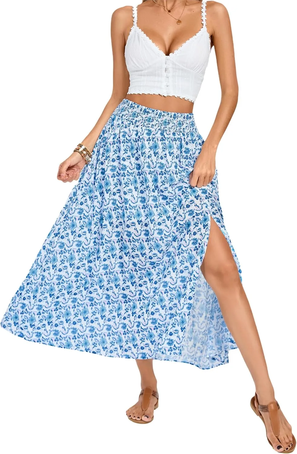 Kate Kasin Plus Size Flowy A Line Tummy Control Skirts Summer Boho Floral Beach Skirt Maxi Blue Skirt High Waisted 2025 2XL