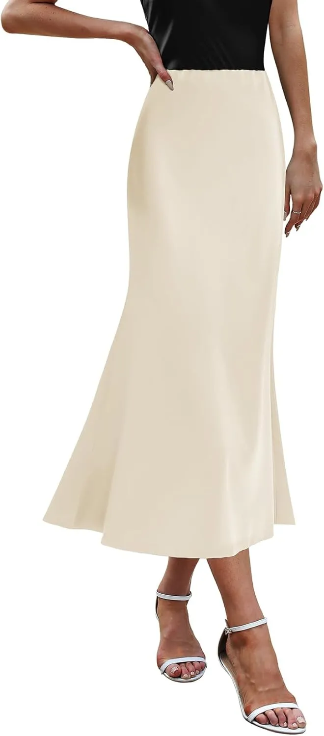 Komorebi Satin Skirt for Women High Waist Midi Skirt Elegant Silk Skirts Summer Casual Flared A Line Skirts