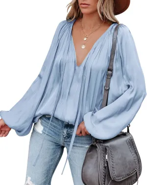 LAMISSCHE Womens Sexy Deep V Neck Blouse Lantern Long Sleeve Chiffon Shirt Oversized Drawstring Silk Satin Tunic