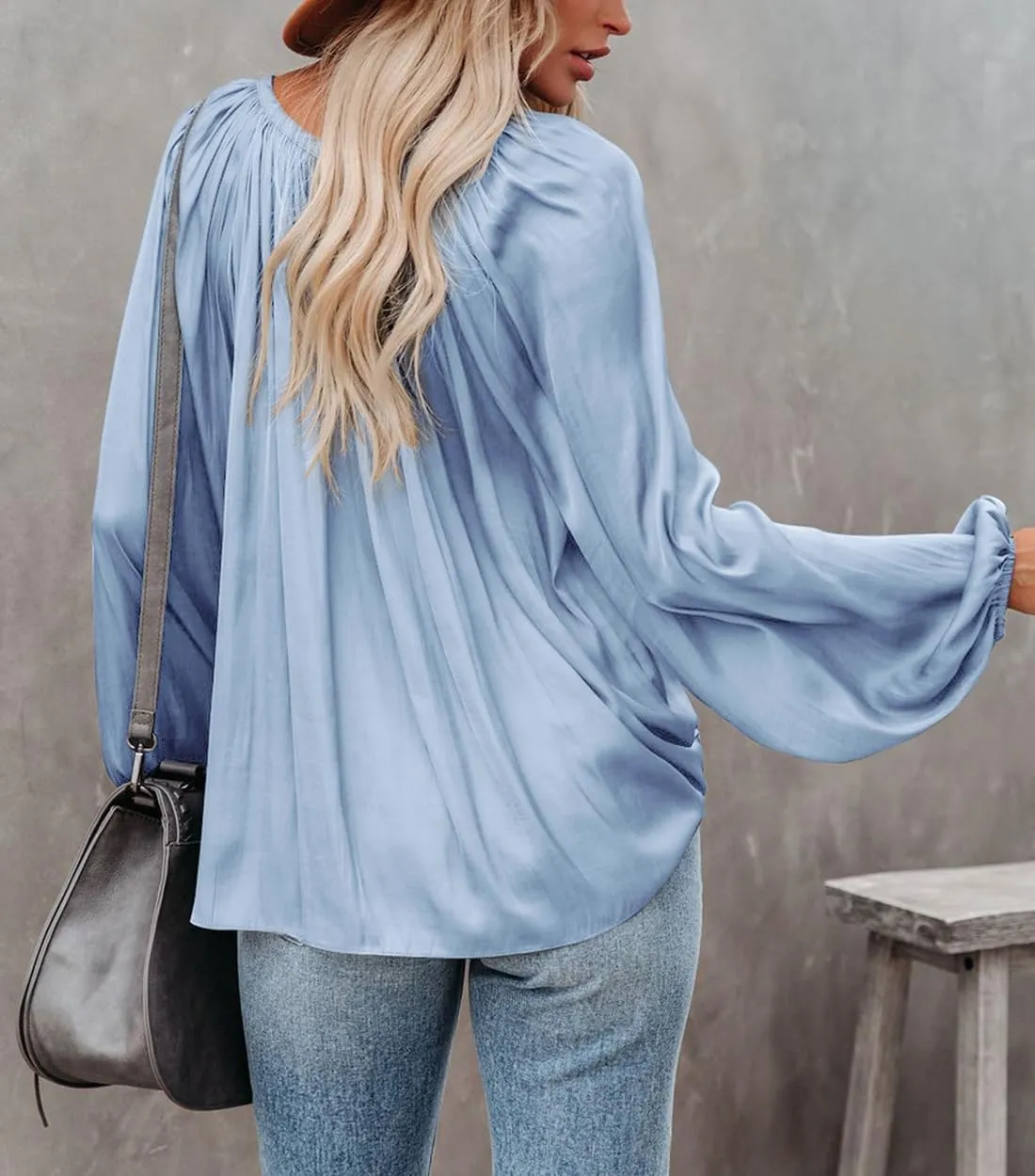 LAMISSCHE Womens Sexy Deep V Neck Blouse Lantern Long Sleeve Chiffon Shirt Oversized Drawstring Silk Satin Tunic