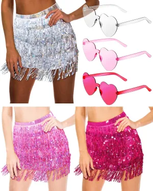 Lasnten 6 Pcs Sequin Fringe Skirt Belly Dance Hip Scarf Sparkly Tassel Skirt Rave Party Costume for Women with Sunglasses