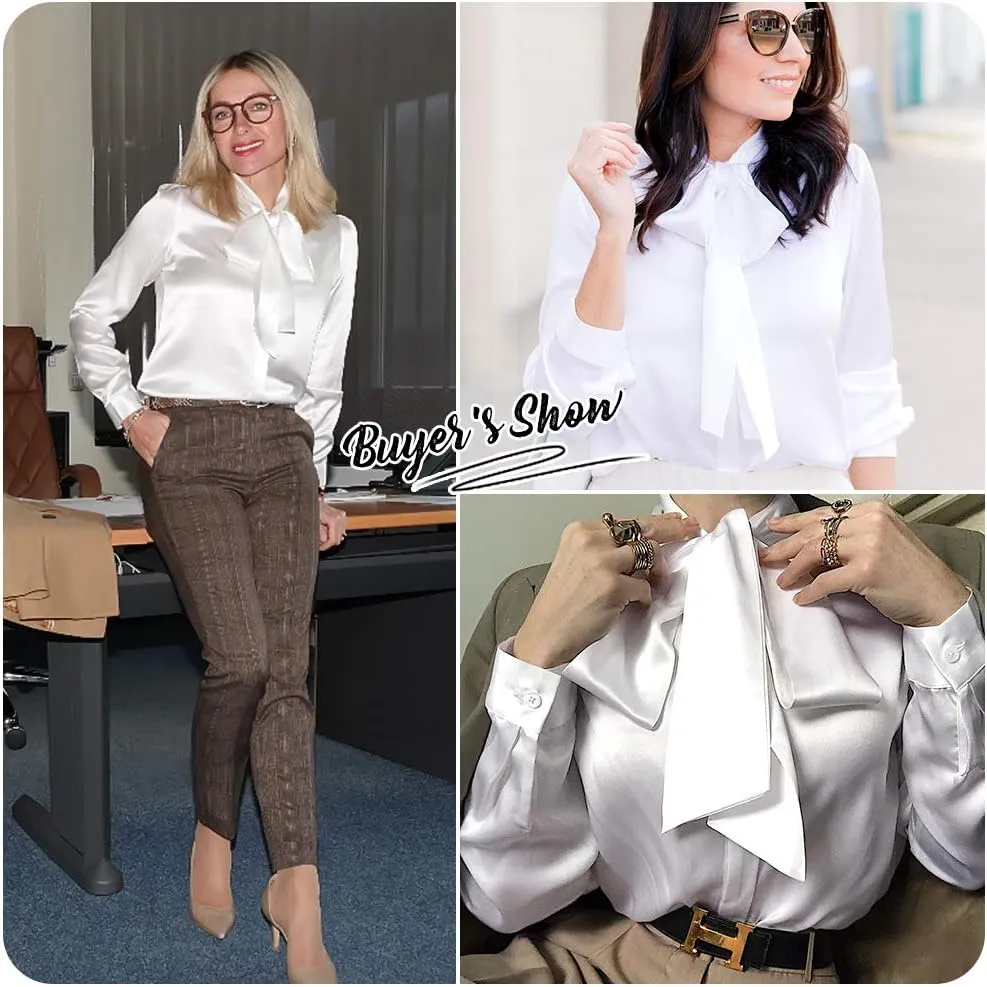 LilySilk Bow-tie Neck Silk Blouse for Women Long Sleeve Ladies Tops Buttons VintageReal Silk Shirts