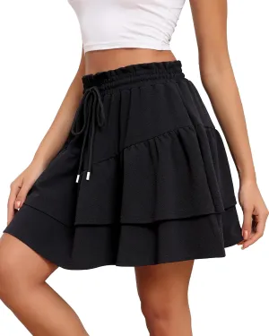 LOUSGUTA Ruffle Mini Skirt for Women Flowy Tiered High Waisted Summer Casual Skater Short Skirts with Pockets