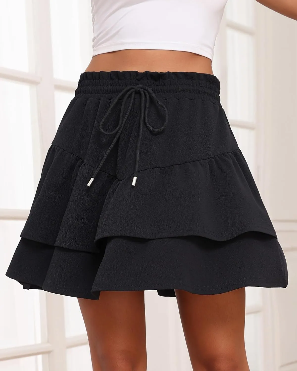 LOUSGUTA Ruffle Mini Skirt for Women Flowy Tiered High Waisted Summer Casual Skater Short Skirts with Pockets