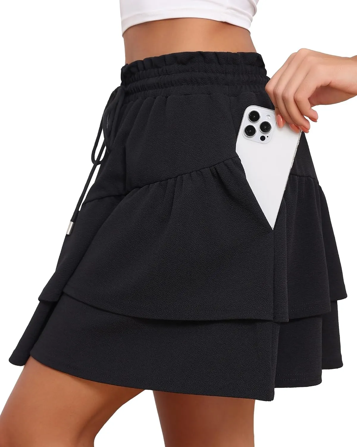 LOUSGUTA Ruffle Mini Skirt for Women Flowy Tiered High Waisted Summer Casual Skater Short Skirts with Pockets