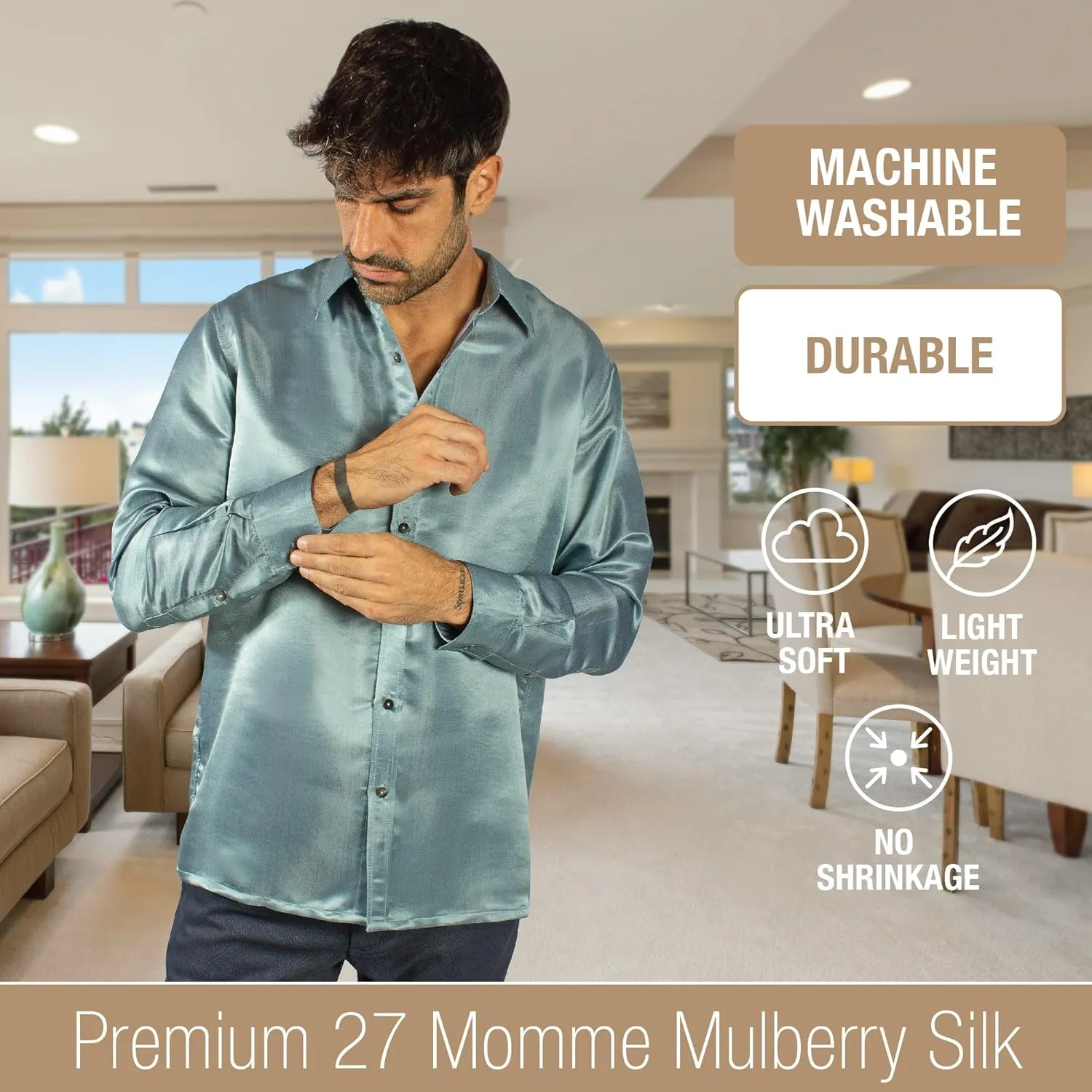 Luxury Artisan Silk Shirt for Men, Washable Pure Natural Silk 27 Mm Long Sleeves