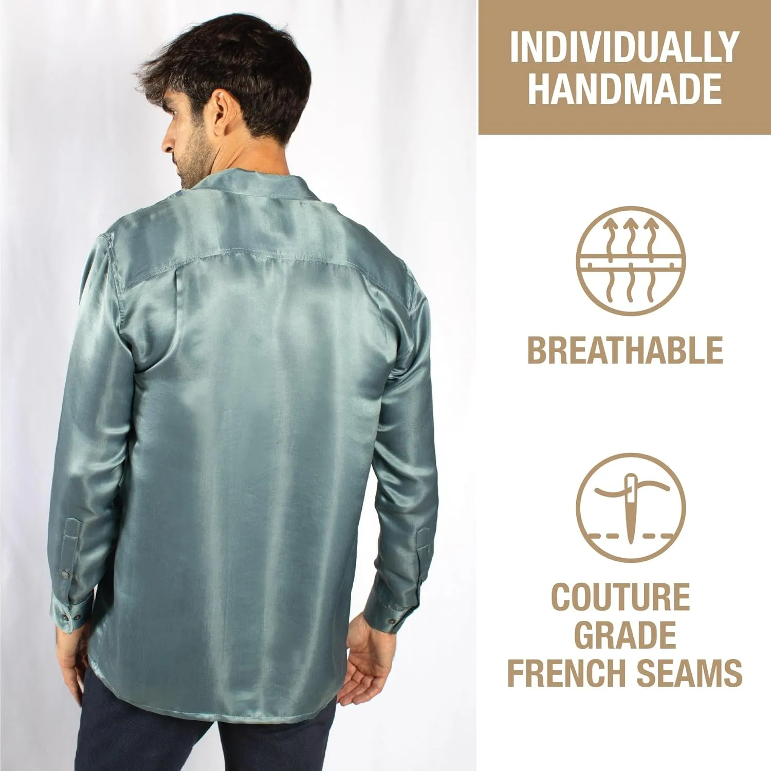 Luxury Artisan Silk Shirt for Men, Washable Pure Natural Silk 27 Mm Long Sleeves