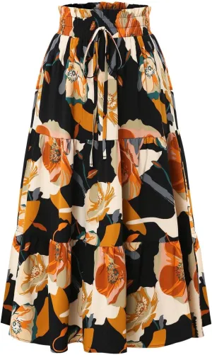 Maxi Skirts for Women Summer Floral Pleated Tiered Boho Flowy Elastic Waist A-Line Spring Beach Vacation Long Skirt