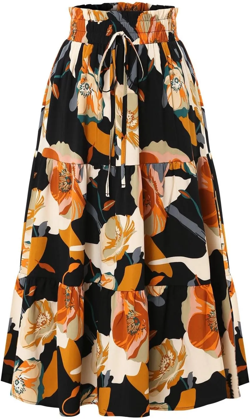 Maxi Skirts for Women Summer Floral Pleated Tiered Boho Flowy Elastic Waist A-Line Spring Beach Vacation Long Skirt